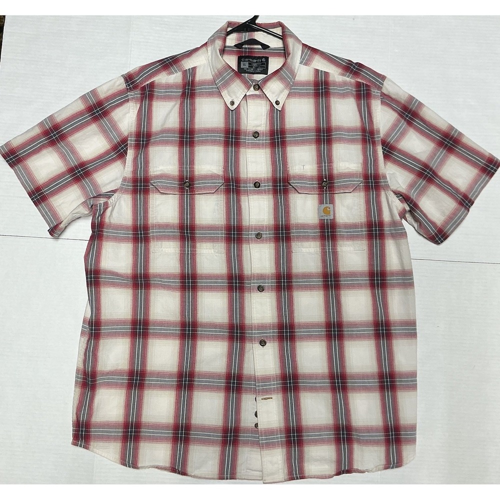 Carhartt Shirt Mens XL Loose Fit Red/Black Plaid Short Sleeve Button Down Pocket